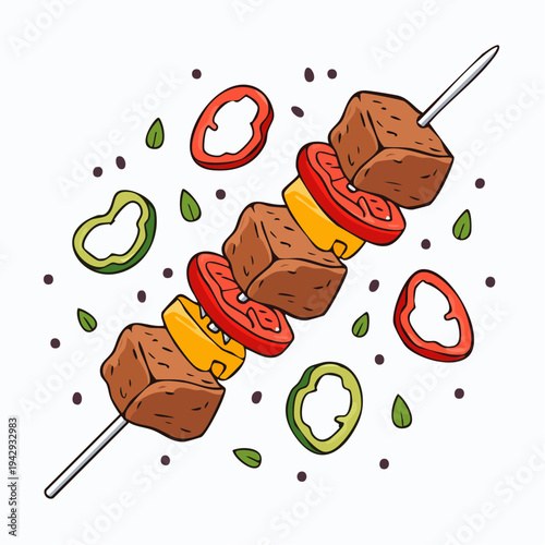 Delicious grilled skewer with vegetables on light background