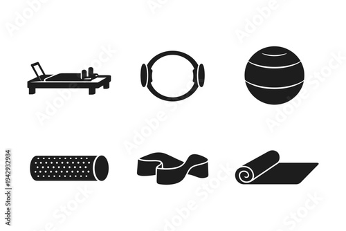 Collection of fitness equipment icons for pilates and yoga, including reformer, ring, ball, roller, band, and mat