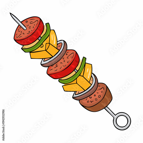 Delicious grilled skewer with vegetables on light background