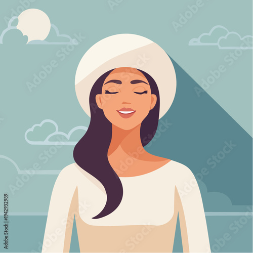 Serene female portrait with white beanie under blue sky