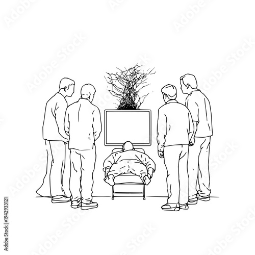 Four people standing around a man sitting in front of a tv with a plant on top illustration