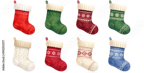 A charming watercolor collection of knitted Christmas stockings featuring cozy holiday socks with festive winter patterns.