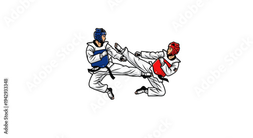 Taekwondo athletes engaging in dynamic combat illustration against white background