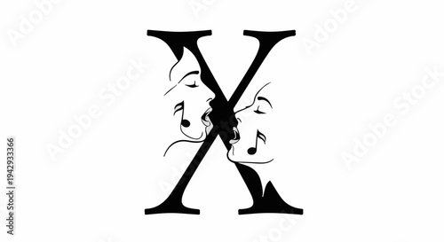 Artistic 'X' symbol with intertwined faces and musical notes, symbolizing connection and creativity.