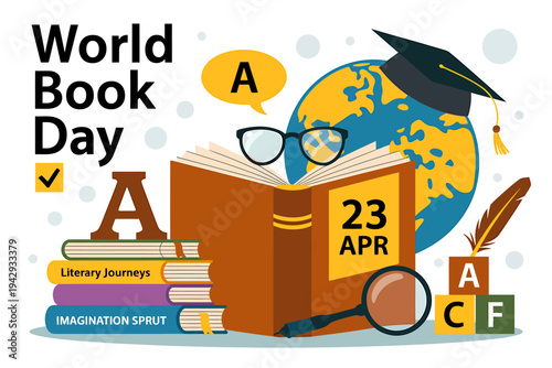 World Book Day educational illustration with books and graduation cap