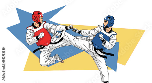 Taekwondo athletes in action martial arts demonstration with dynamic poses