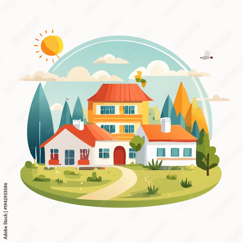 Naklejka premium Vibrant illustration of a peaceful countryside town with colorful homes and natural elements under a bright sky