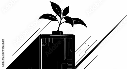 Green technology concept: a young plant growing from a smartphone, symbolizing digital growth and sustainability.