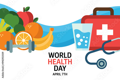 World Health Day banner with healthy food and medical icons