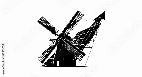 Modern windmill structure with solar panels and upward arrow symbolizing renewable energy and progress.