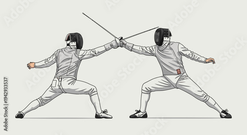Two fencers engaging in a competitive fencing match on a plain background