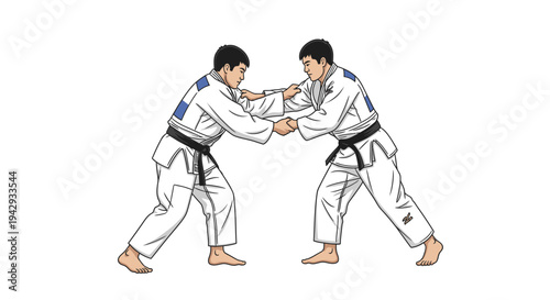 Two individuals engaging in a martial arts practice against a white background