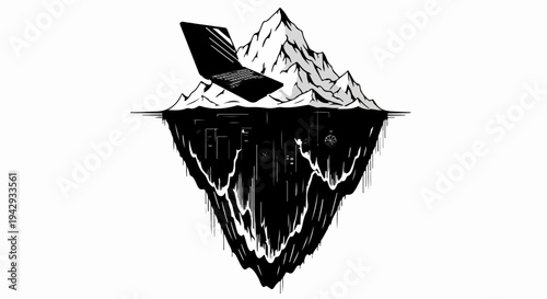 Laptop precariously balanced atop a stark iceberg, symbolizing digital challenges and hidden complexities.