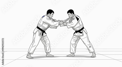Two martial arts athletes practicing a judo grappling technique on white background