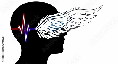 Symbol of imagination and creativity, a wing emerging from a human head silhouette with a heartbeat line.