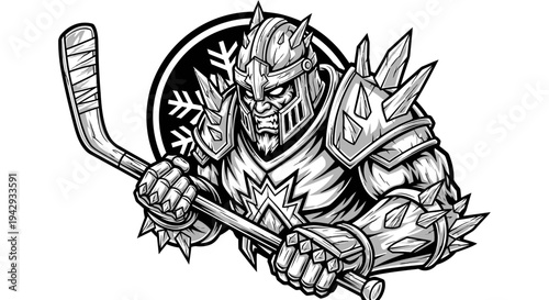 Viking ice hockey mascot with stick in black and white vector illustration
