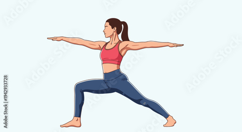 Woman practicing yoga in warrior ii pose against a solid background