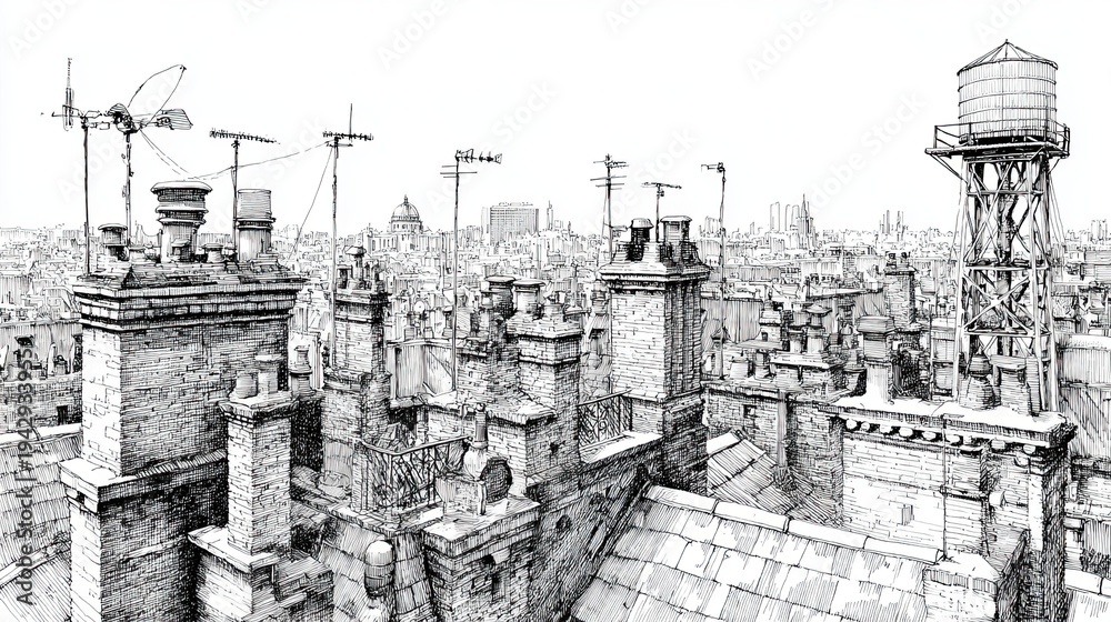 Fototapeta premium Detailed city rooftop skyline with water tower in vintage architectural engraving sketch style art