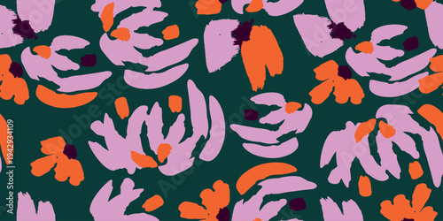 A bold seamless vector pattern of abstract stylized flowers in plum, coral, and sage on a deep forest green background. Perfect for fashion, home decor and modern branding