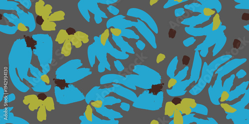 A bold seamless vector pattern of abstract stylized flowers in turquoise, olive, and deep brown on a charcoal grey background. Perfect for modern fashion, home textiles and contemporary design