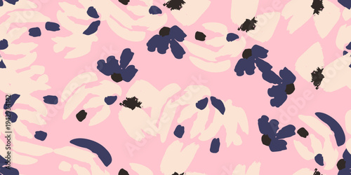 A soft seamless vector pattern of abstract stylized flowers in navy, cream, and deep brown on a delicate pink background. Perfect for feminine fashion, home decor and lifestyle branding