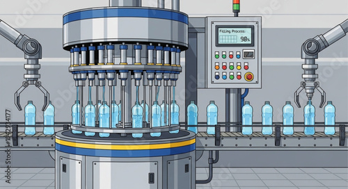 Industrial Bottling Machine Filling Bottles.