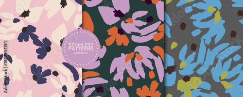A seamless vector floral patterns collection in three expressive colorways: soft pink with navy and cream, deep teal with lavender orange and plum, and charcoal grey with turquoise olive and brown