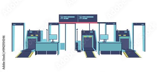 Airport security checkpoint with baggage scanners and metal detectors. Modern security control area for passenger screening.