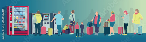 Passengers waiting near ATM terminals and vending machine inside airport terminal. Travelers with luggage standing in line before flight.