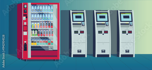 Row of ATM terminals and beverage vending machine in public transport terminal interior. Self service technology for travelers.