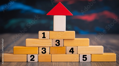 A wooden block tower with numbers symbolizing progress and achievement.