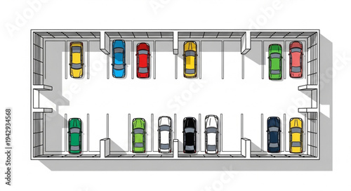 Aerial View of a Packed Underground Parking Garage with Colorful Cars.