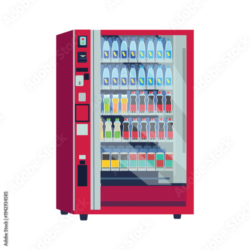 Red vending machine filled with water bottles and soft drinks. Automatic beverage dispenser used in airports, offices and public places.