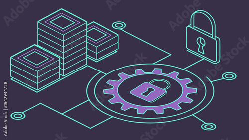 A vector graphic illustration of a secure data storage system with padlocks and gears