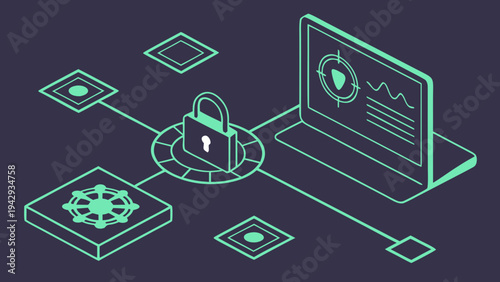 A vector graphic illustration of a laptop connected to a padlock and various devices, representing cybersecurity and network protection.