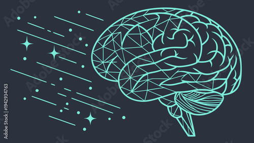 A minimalist vector graphic illustration of a brain with a polygonal design and celestial elements