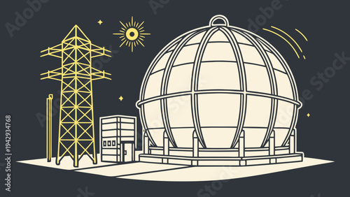 A vector graphic illustration of a dome shaped building next to a power transmission tower and a small structure under a sunny sky.