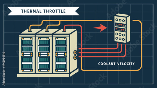 A vector graphic illustration of a thermal throttle system with coolant velocity