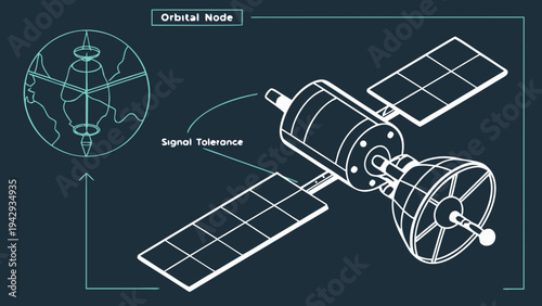 A vector graphic illustration of a satellite in orbit around the Earth with labeled components.