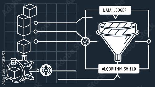 A vector graphic illustration of a data processing algorithm shield with a funnel and ledger