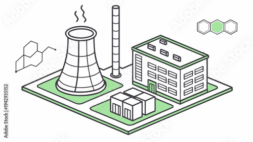 A vector graphic illustration of a nuclear power plant with a cooling tower and industrial buildings