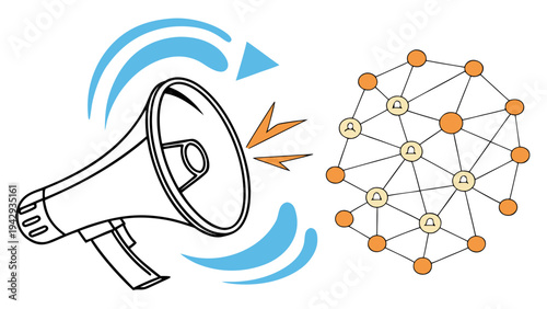A vector graphic illustration of a megaphone broadcasting to a network of connected people