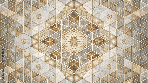 Intricate Geometric Design Featuring Golden Accents and Subtle Textural Variations in a Tessellated Pattern