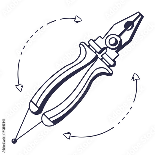 Minimalist vector illustration of professional metal pliers tool with ergonomic handles and curved directional arrows on white background for design