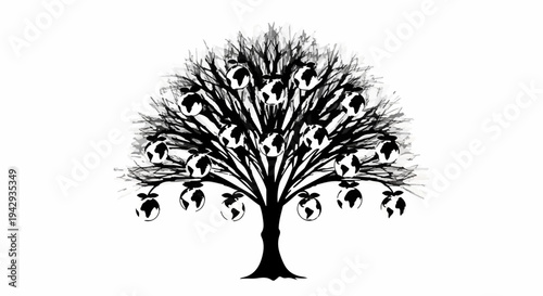 Stylized tree with planet Earths as fruit symbolizes global connection and growth.