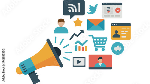 This colorful illustration depicts a variety of digital marketing icons surrounding a person and a megaphone showcasing communication and outreach high quality professional detailed modern elegant