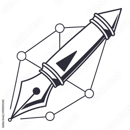 Elegant fountain pen nib illustration with geometric connecting nodes and lines background for writing and educational branding identity concepts svg