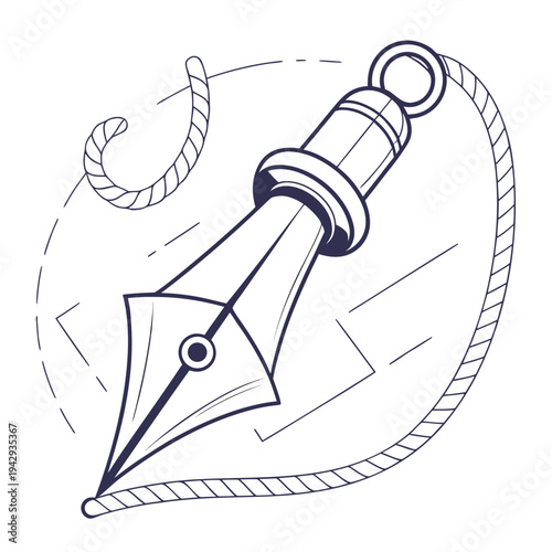 A pen nib graphic drawing on white background with rope element for creative design and writing related concepts with dashed lines and swirls