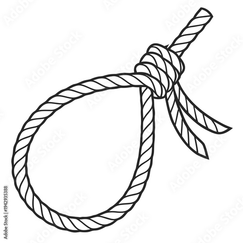 Securely tied rope loop with trailing ends forming noose symbol against isolated white background line art vector