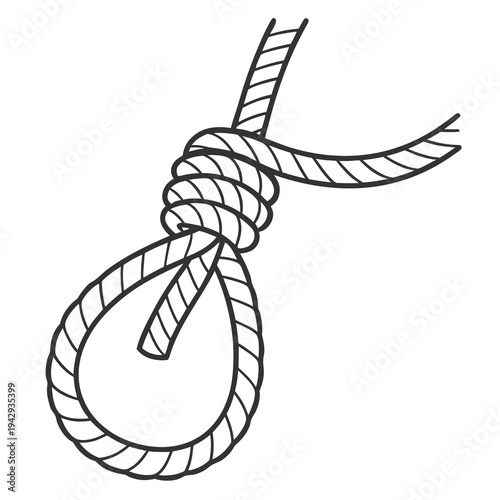 Simple knot rope loop hanging like snare or gallows symbol tied securely with trailing ends against white background vector
